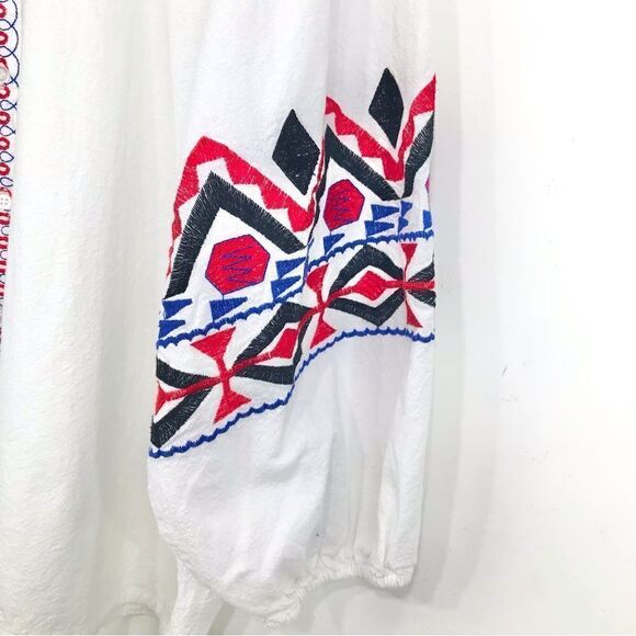 Cato White Cotton Black Red Blue Ethnic Embroidered Button Up Peasant Blouse - Picture 7 of 15